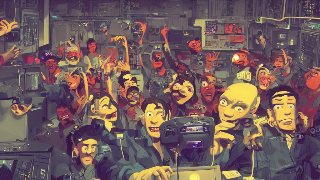 Prompt: selfie of a tight group of happy drunken hackers at a party in a highly detailed server room with computers everywhere and wires, in a scifi movie, vivid colors, by jamie hewlett, nuri iyem, james gurney, james jean, greg rutkowski, anato finnstark. pixar. hyper detailed, wide angle, perfect faces