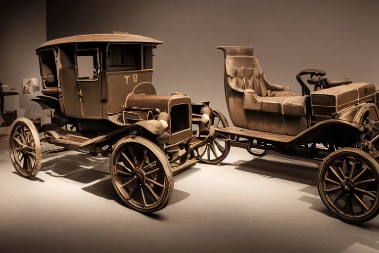 Prompt: cyberpunk 1 9 0 8 model ford t, volumetric lighting, in a museum, museum exhibit, museum lighting, 9 0 s film photo