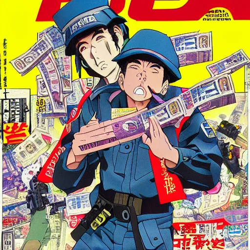 Prompt: 1993 Magazine Cover, Anime Neo-tokyo 4 bank robbers fleeing the scene with bags of money, Police Shootout, Highly Detailed, 8k :4 by Katsuhiro Otomo : 8