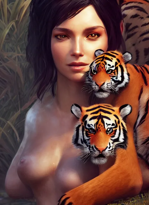 Prompt: nidalee with a tiger, au naturel, hyper detailed, digital art, trending in artstation, cinematic lighting, studio quality, smooth render, unreal engine 5 rendered, octane rendered, art style by klimt and nixeu and ian sprigger and wlop and krenz cushart