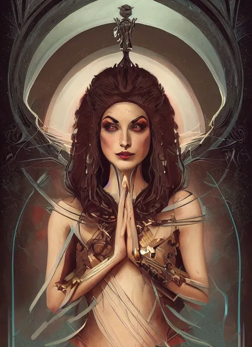 Image similar to tarot!!, high priestess, no noise, elegant, concept art, sharp focus, beautiful face!!, digital art, smooth defined outlines!!, human anatomy, human structure, vector background, dark fantasy, by Brom, trending on Artstation, Tom Bagshaw, Sargent