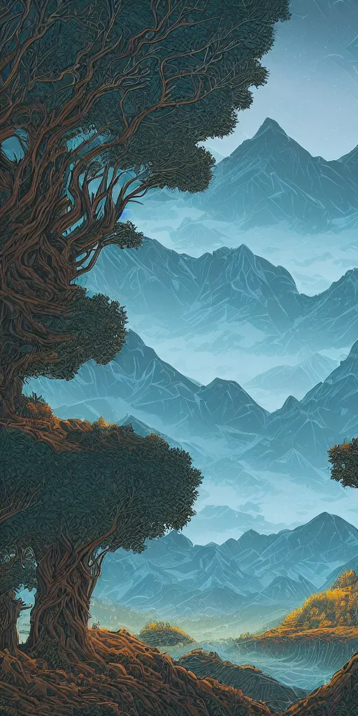 Prompt: a beautiful landscape with trees and mountains, by dan mumford, artstation, behance, highly detailed, concept art, dramatic lighting