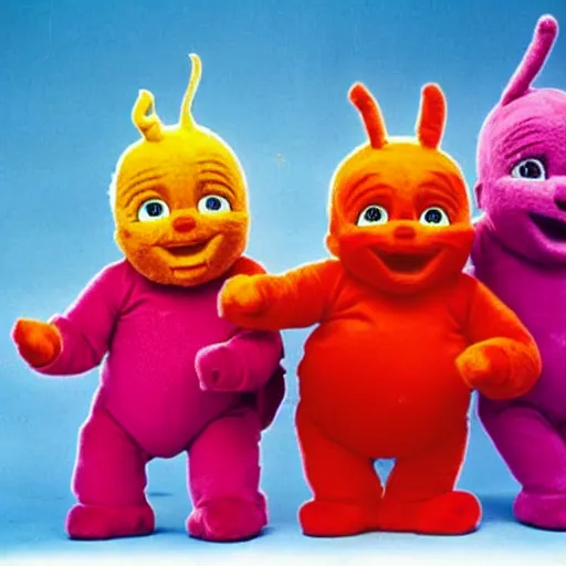 Image similar to Mike Tyson street fighting gang of teletubbies, 1980s children's show aesthetic