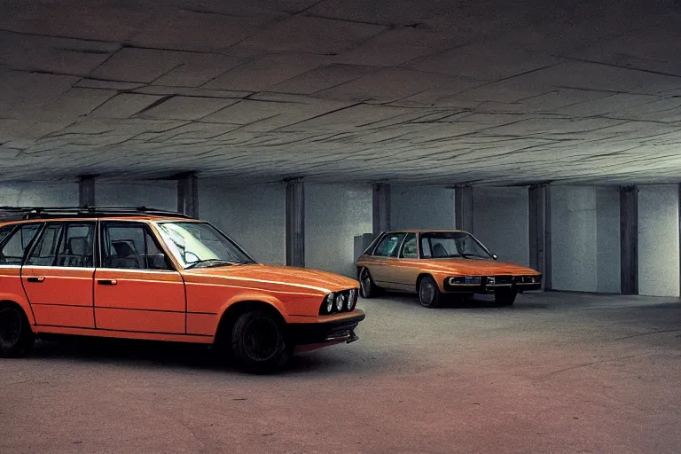 Image similar to BMW wagon estate with its lights on, inside of an badly lit 1970s parking garage, ektachrome photograph, volumetric lighting, f8 aperture, cinematic Eastman 5384 film