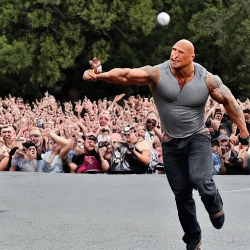 Prompt: photo of Dwayne Johnson throwing a rock to a group of his exited fans