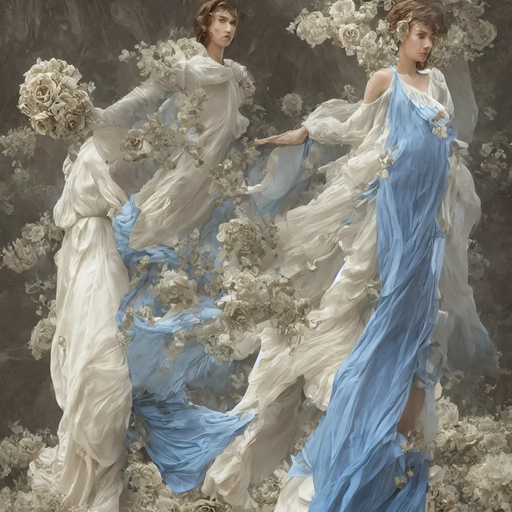 Image similar to one lady dressed in a vaporous wrapped large majestic victorian cream roses silk semi-transparent blue and cream dress fashion is running D&D, fantasy, intricate, elegant, highly detailed, digital painting, artstation, concept art, matte, sharp focus, illustration, art by Artgerm and Greg Rutkowski and Alphonse Mucha