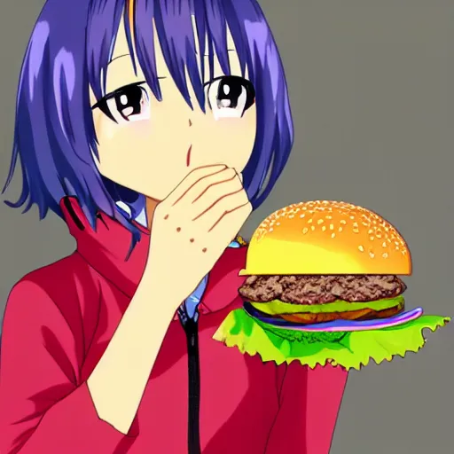 Image similar to anime girl eating a burger