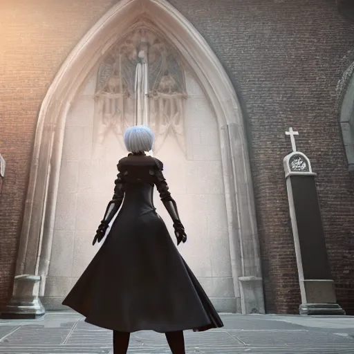 Image similar to 2B nier automata standing in front of a church, detailed, artstation, concept art, Unreal Engine 5 render, 8K