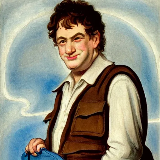 Image similar to close up headshot of a frowning clean shaven pudgy British lad with short curly dark brown hair as a hobbit wearing a white men's crossbody sling chest bag and blue vest, blue vest!! white crossbody chestbag!! high resolution film still, painting by William Blake