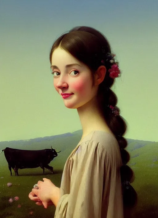 Image similar to hyper detailed 3 d render like a oil painting - cute portrait of a brunette called emma, italian looks, looking at camera, symmetrical face, long brunette hair, with a smiling cow looking over her shoulder by ryden, kawase hasui, dorothea tanning, edward hopper and james gilleard, aivazovsky, beksinski, outram, artstation