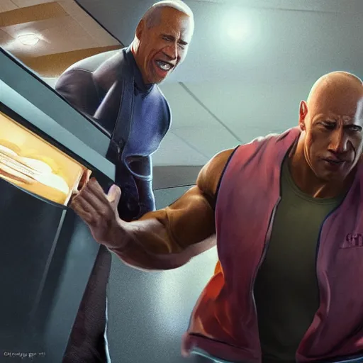 Prompt: dwayne the rock johnson robbing a 7 / 1 1 with joe biden and obama, cinematic, fantasy artwork, dyanic lighting, detailed, raytracing, realistic