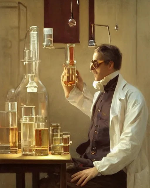 Prompt: a old professor doing experiments in his lab, oil on canvas, artstation, by j. c. leyendecker and edmund blair leighton and charlie bowater, beautiful face, octane, very aesthetic!!!!!!!!!!!!!!!