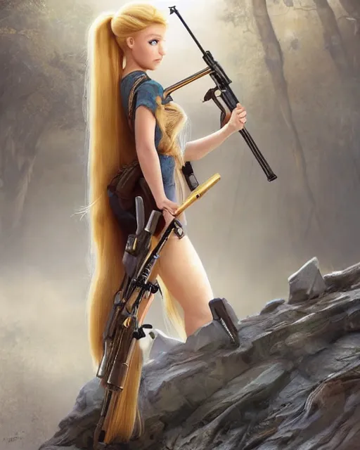 Image similar to disney princess with long blonde hair vs long barreled 9 0 sniper rifle : : weta disney pixar movie still photo : : hi - fructose, decadent highly - detailed digital painting, golden ratio, octane render, artstation, smooth, sharp focus, artgerm, mucha, loish, wlop