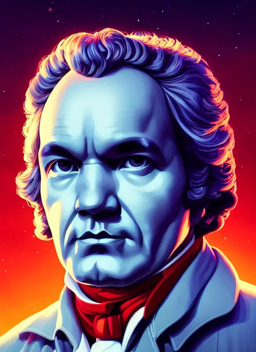 Prompt: retrofuturistic portrait of beethoven, space graphics art in background, close up, wlop, dan mumford, artgerm, liam brazier, peter mohrbacher, 8 k, raw, featured in artstation, octane render, cinematic, elegant, intricate, 8 k