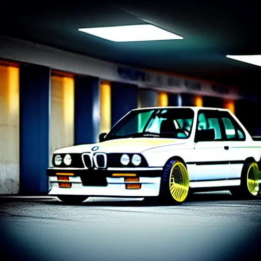 Image similar to a modified bmw e 3 0 with lights on in a futuristic neon parking garage, 3 5 mm photography, car photography, clean lines, realistic