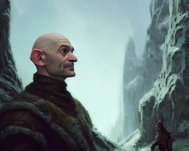 Image similar to highly detailed portrait of james frain as a bald elf, in skyrim, stephen bliss, unreal engine, fantasy art by greg rutkowski, loish, rhads, ferdinand knab, makoto shinkai and lois van baarle, ilya kuvshinov, rossdraws, tom bagshaw, global illumination, radiant light, detailed and intricate environment