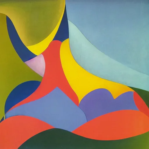 Image similar to woman as the natural landscape, her curves form the mountains and rivers of the land , high quality art in the style of cubism and georgia o’keefe,