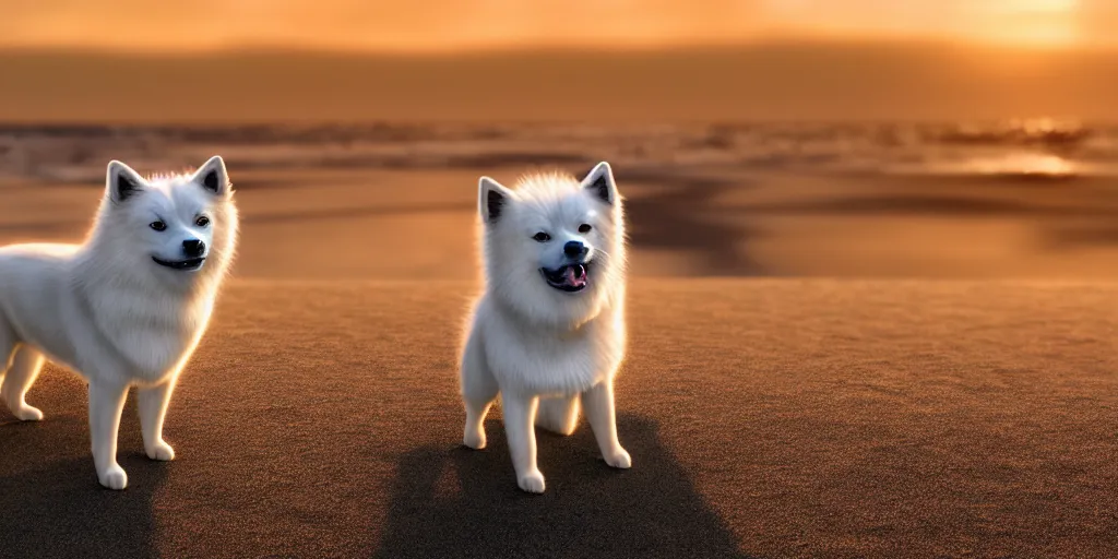 Image similar to a closeup photorealistic photograph of a cyborg japanese spitz on the beach at sunset. part dog part machine, pipes and wires glowing eyes. this 4 k hd image is trending on artstation, featured on behance, well - rendered, extra crisp, features intricate detail and the style of unreal engine. golden hour