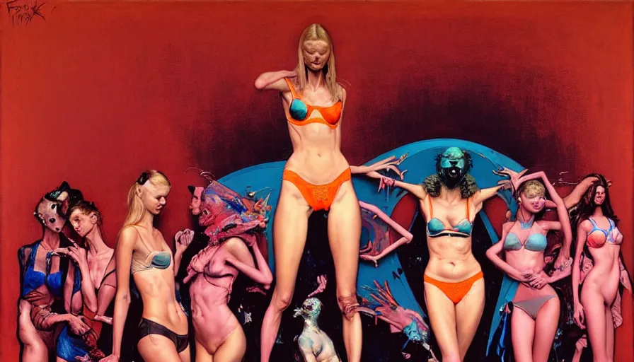 Prompt: victoria secret angel runway show by francis bacon, surreal, norman rockwell and james jean, greg hildebrandt, and mark brooks, triadic color scheme, by greg rutkowski, syd mead and edward hopper and norman rockwell and beksinski, lingerie, dark surrealism, orange and turquoise