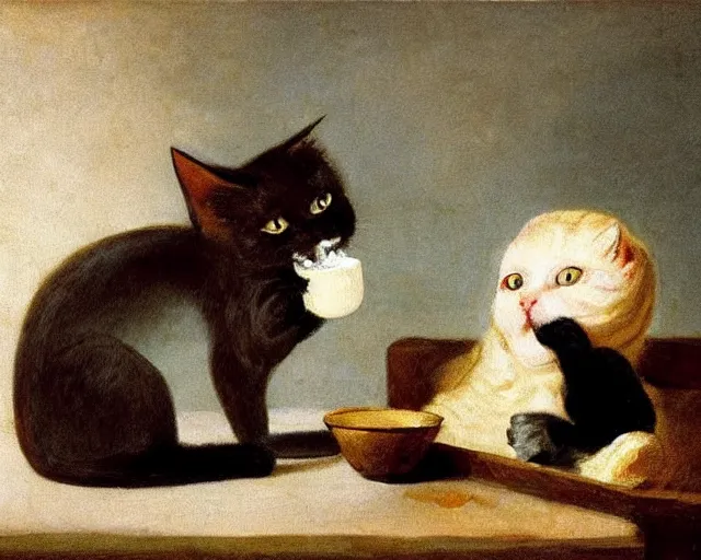 Prompt: cat eating an ice cream, painting by fransisco goya