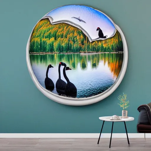 Image similar to photo of two black swans touching heads in a beautiful reflective mountain lake, a colorful hot air balloon is flying above reflecting off water, hot air balloon, intricate, 8k highly professionally detailed, centered, HDR, CGsociety