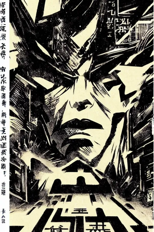 Image similar to bladerunner manga cover, cover art for manga, full color, seinen manga by kentaro miura. text kanji hiragana on the cover simplistic minimalist stylized cover art, coherent professional