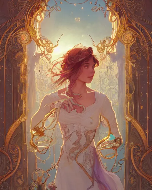 Prompt: bone hurting juice, highly detailed, gold filigree, romantic storybook fantasy, soft cinematic lighting, award, disney concept art watercolor illustration by mandy jurgens and alphonse mucha and alena aenami, pastel color palette, featured on artstation