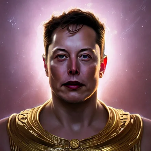 Prompt: portrait of Elon Musk as a greek god, marble statue, greek mythology, gold crown and filaments, intricate, headshot, highly detailed, digital painting, artstation, concept art, sharp focus, cinematic lighting, illustration, art by artgerm and greg rutkowski, alphonse mucha, cgsociety