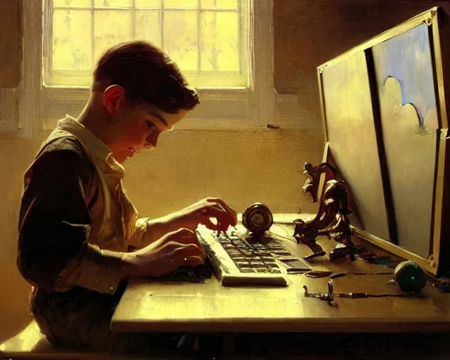 Prompt: boy playing computer games, painting by gaston bussiere, craig mullins, j. c. leyendecker