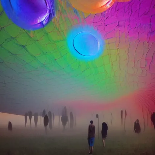 Prompt: surreal, abstract, spinning, motion, reflective rainbow bubbles, fog, mist, smoke, milk drops, synapses, nerves, brains, light bulbs, matte painting by Bruce Munro and RHADS