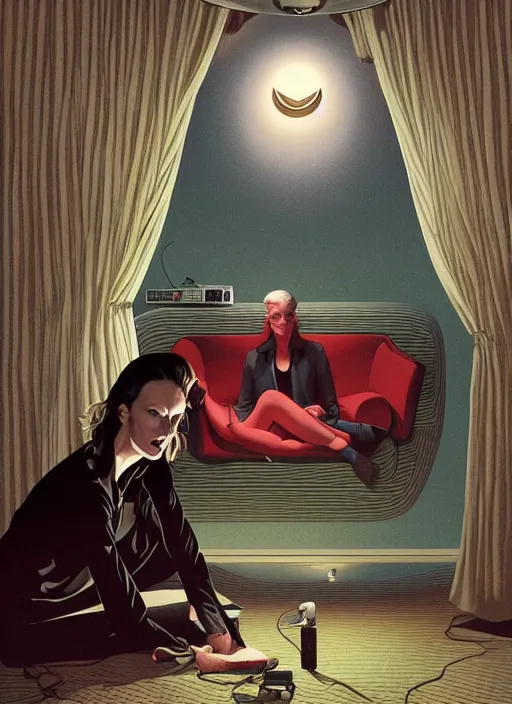 Prompt: Twin Peaks poster artwork by Michael Whelan, Bob Larkin and Tomer Hanuka, Karol Bak of portrait of radio host Tilda Swinton lounging in her radio sound booth, alone, late at night, from scene from Twin Peaks, simple illustration, domestic, nostalgic, from scene from Twin Peaks, clean, cover of New Yorker magazine