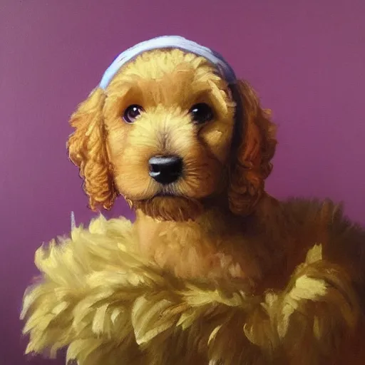 Prompt: oil painting of mini goldendoodle puppy, in the style of vermeer girl with a pearl earring, hyperrealistic, dramatic lighting