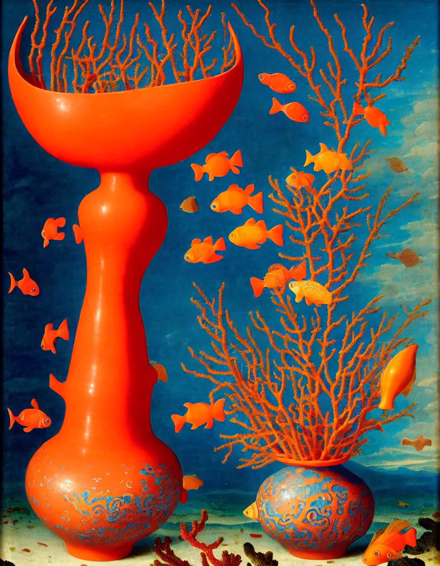 Image similar to bottle vase of coral under the sea and in the sky decorated with a dense field of stylized scrolls that have opaque outlines enclosing mottled blue washes, with orange shells and purple fishes, ambrosius benson, oil on canvas, hyperrealism, around the edges there are no objects