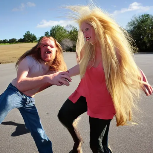 Prompt: long - haired blonde hillbilly kicking cardboard boxman