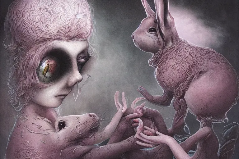 Image similar to Keeping you sane, And you fade away just enough, You felt the edge again, You took two pills And you fell asleep, Hugging six rabbits And having pink nightmares, concept art, trade on artstation, sharp focus, psychedelic, by Yoshitaka Amano, Mark Ryden, Zdzisław Beksiński, Extremely high detail, realistic, fantasy art, masterpiece, Hyperrealism. Subsurface scattering. Octane Render. Weirdcore