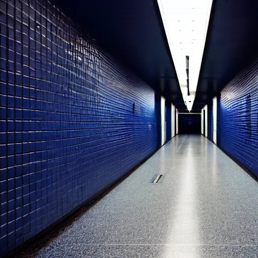 Image similar to underground lab hallway, dark blue and black, unknown location, clean, dry wall, shiny black tile floors, cinematic