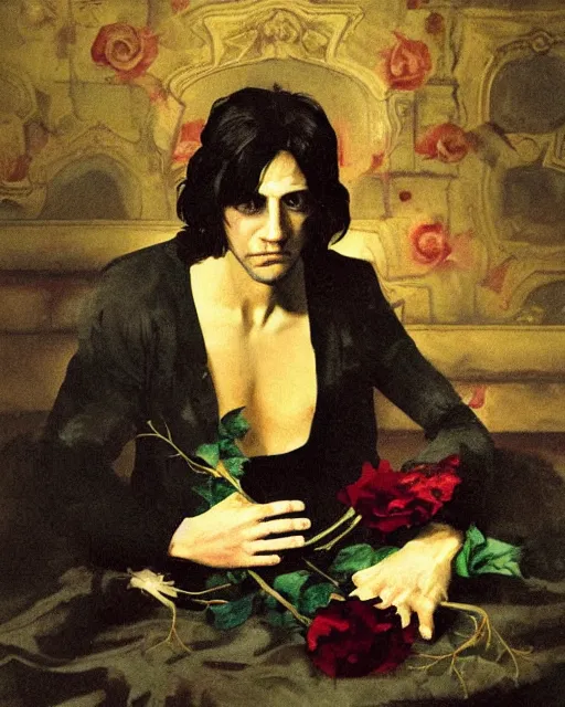 Image similar to a beautiful and eerie baroque painting of a beautiful but serious man in layers of fear, with haunted eyes and dark hair, 1 9 7 0 s, seventies, floral wallpaper, wilted flowers, a little blood, morning light showing injuries, delicate embellishments, painterly, offset printing technique, by robert henri, walter popp, alan lee