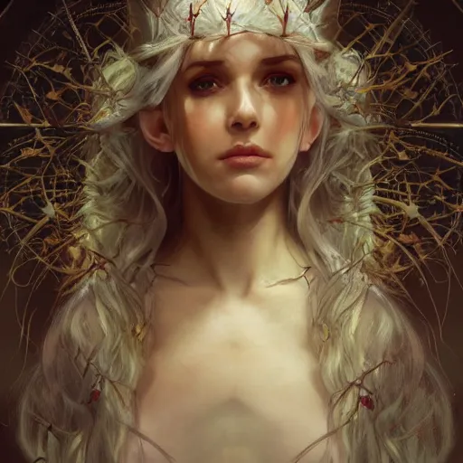 Prompt: portrait of very beautiful elf, rose thorn crown, thorns everywhere, headshot, pale skin, 4k, rule of thirds, extreme detail, detailed drawing, trending artstation, hd, fantasy, D&D, realistic lighting, by Alphonse Mucha, Greg Rutkowski, sharp focus, backlit, bright white hair, elegant