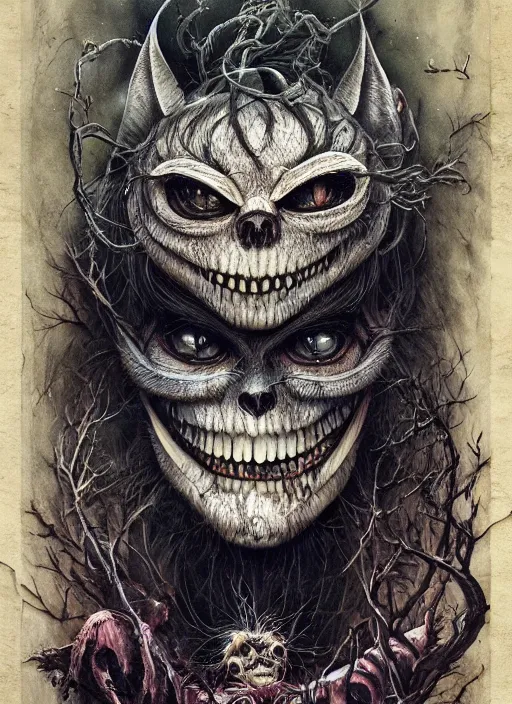 Image similar to Cheshire Cat choping wood,Death Tarot card,highly detailed,half skull face,cinematic,8k,by Stanley Artgermm,Tom Bagshaw,Greg Rutkowski,Carne Griffiths, Ayami Kojima, Beksinski, Giger,trending on DeviantArt,hyper detailed,horror, full of colour