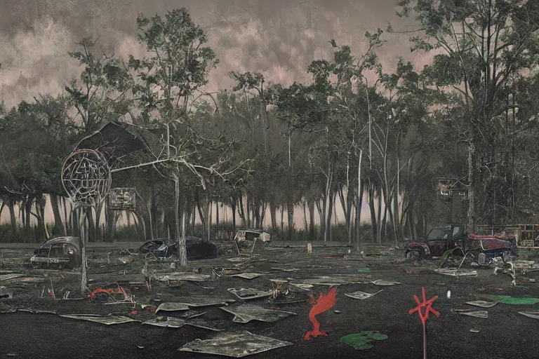 Image similar to scene from louisiana swamps, voodoo cult, old protestant church with neon satanic pentagram, junkyard by the road, boy scout troop, voodoo artwork by tim eitel