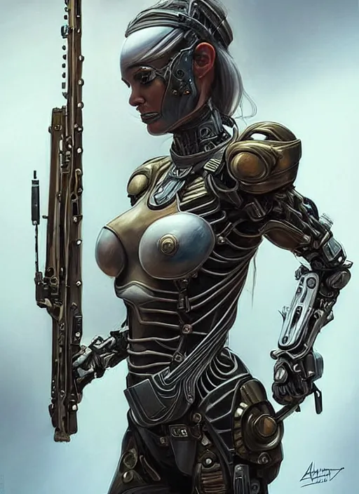 Prompt: portrait of a beautiful female soldier from the future wearing biomechanical armor, olivia munn, carrying a rifle, intricate, elegant, glowing lights in armor, highly detailed, digital painting, artstation, glamor pose, concept art, smooth, sharp focus, illustration, epic angle, art by artgerm and greg rutkowski, artey freytag, alvin schwartz