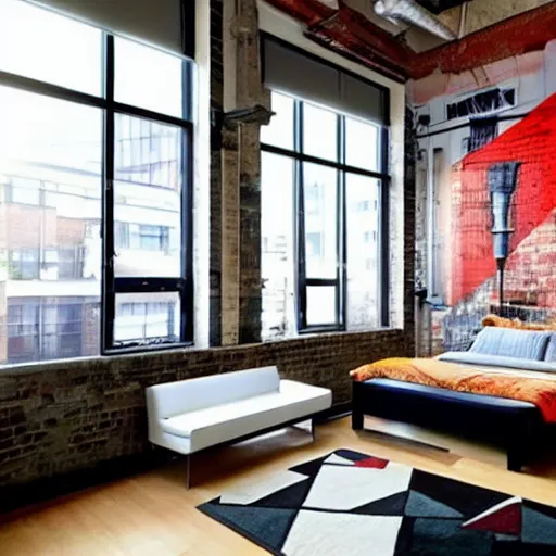 Image similar to trendy downtown loft with modern murals on the wall, modern art and patterns, interior design, beautiful architecture