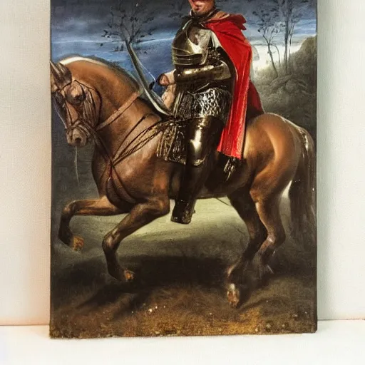 Image similar to seselj wearing shining knight's armor and riding a horse through a dark forest, highly detailed, oil painting