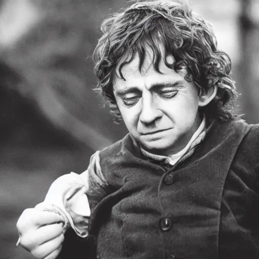 Prompt: bilbo baggins crying, old fashioned photography