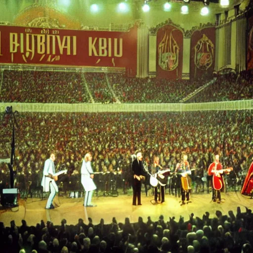 Prompt: documentary photo of The Beatles live perform at in honor of the anniversary of the October Revolution at kremlin concert hall, colorful photo, wide angle, 4k resolution, cinematic