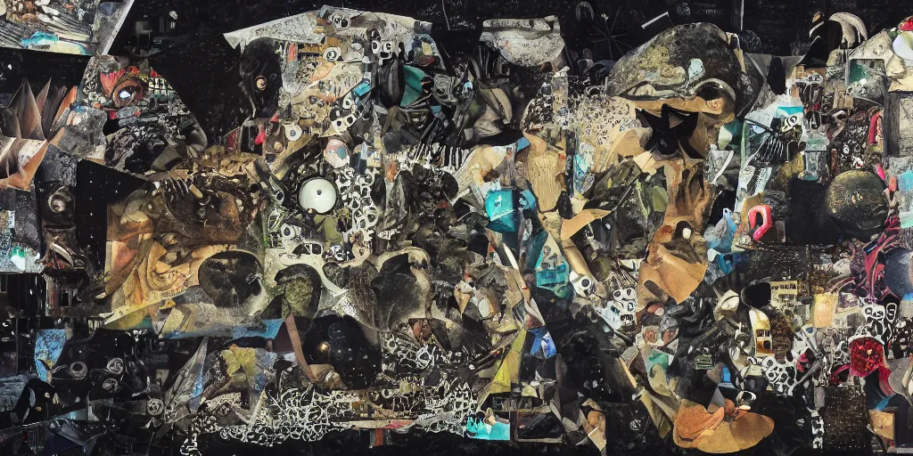 Prompt: rendered in blender artistic depiction of all life forms on earth, black background, collage paper and tape, acrylic on canvas, dadaism, high resolution, cinematic, unreal 6, breathtaking detailed, by ozdemir altan