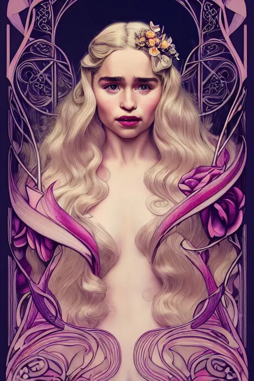 Prompt: new art nouveau closeup portrait of fantasy flower vargas princess seductive emilia clarke wearing a royal dress in an magic forest, anna dittmann, smooth skin, patrick nagle!!!, glamorous pose, charlie bowater and loish. long windblown blonde hair, ultrasharp focus, dramatic lighting, rose arches, octane, matte painting, intricate, d & d, poster