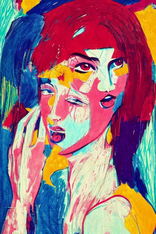 Image similar to 🤤 girl portrait, abstract, rich in details, broken composition, coarse texture, concept art, visible strokes, colorful, art by Kirchner, Gaughan, Caulfield, Aoshima, Earle