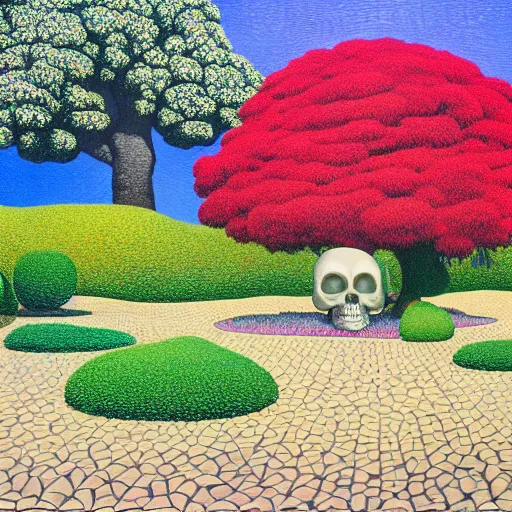 Image similar to complex and beautiful japanese garden full of flowers by michael kidd, oil on canvas, apple giant translucent transparent skull, james jean, splashes, magritte painting, intricate, highest details, 8 k, pushead, pointillism