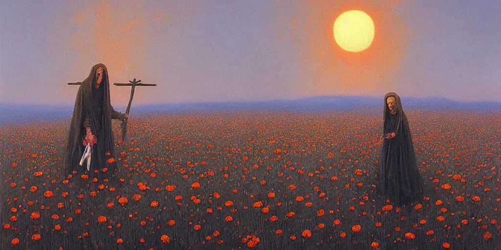 Image similar to a witch with a pumpkin head burning on a cross at sunset casting shadows across a field of flowers, beksinski, dariusz zawadzki